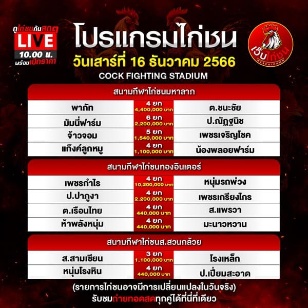 โปรแกรมไก่ชนเสาร์นี้