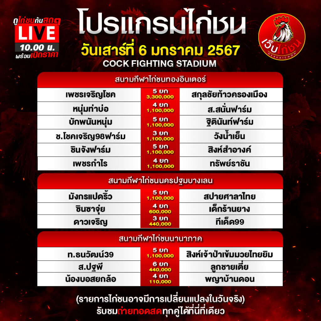 ตารางไก่ชน พรุ่งนี้